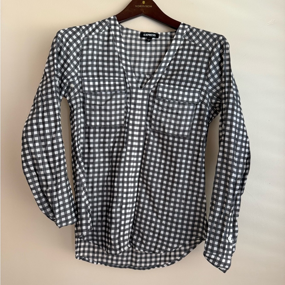 Express Gingham Long Sleeve Blouse